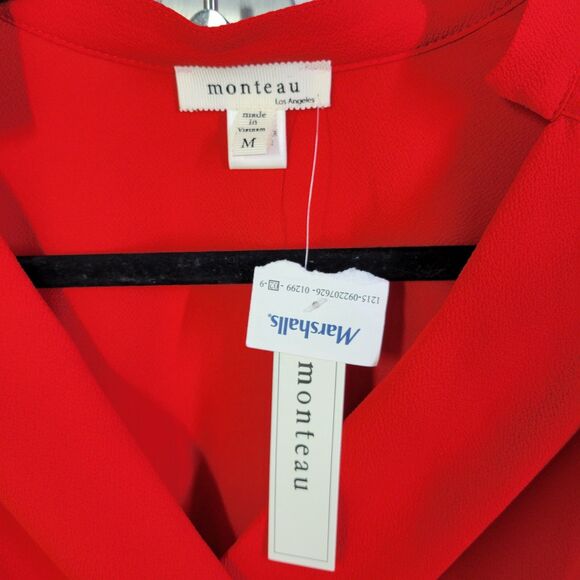 Monteau Womens Sz M Red Solid Cap Sleeve Peplum Blouse - Picture 9 of 12